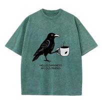 2026 Vintage Washed Green T Shirt Crow Coffee Hello Darkness My Old Friend Halloween Fall Unisex Casual Tee S įvairiaspalvis