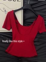 Spicy American Girl Backless Tee with Bra Pads, Anti-Slip Strips, Large U-Neck, Short Sleeves, Versatile Top.