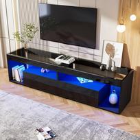 LED Blizgus TV spintelė, tinkama iki 70 colių televizoriams, Juoda TV spintelė su 2 stalčiais, Konsolinis staliukas svetainei ir miegamajam, Juoda 180 x 40 x 46 cm juoda