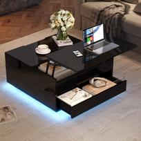 70*70*38cm Pakeliamas kavos staliukas su LED juosta, Sofos staliukas su 1 stalčiumi, Blizgus šoninis staliukas su paslėpta saugykla ir atveriamomis durelėmis, Juodas 70 x 70 x 38 cm juoda