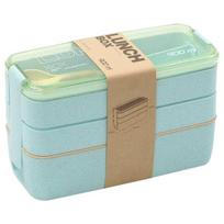 3-In-1 Compartment Wheat Straw Bento Box Reusable Tableware Lunch Containers Meal and Snack Food Containers Portable Lunch Box žalia