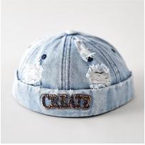Vintage Distressed Ripped Denim Docker Cap Unisex CREATE letters Embroidery Brimless Hat for men Daily Outdoor Streetwear gray