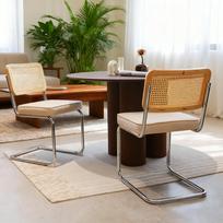 Valgomojo kėdės, 2 vnt., Aksominės rotango akcento kėdės su chromo kojelėmis, Modernios vidurio amžiaus Breuer dizaino kėdės, Valgomojo, svetainės, virtuvės kėdės 53 x 46.4 x 84.6 cm smėlis