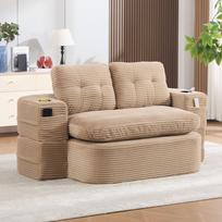 2-in-1 miegamoji kėdė iš veliūro, sofa-lova, su reguliuojamais porankiais, 2 puodelių laikikliais, aukštu atlošu ir itin gilia sėdyne, chaki spalvos chaki