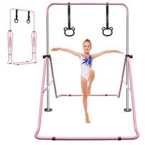 Vaikų gimnastikos skersinis, reguliuojamas aukštis nuo 88,9 - 129,54 cm, Laikymo vieta, Neslystantis, Namų/Lauko treniruotėms pradedantiesiems ir jauniems sportininkams, Rožinis 99.06 x 144.78 x 129.54 c rožinė