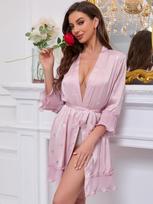 Premium ice silk satin pajamas women's fungus edge butterfly spring sexy nightgown sweet atmosphere bathrobe loungewear L black