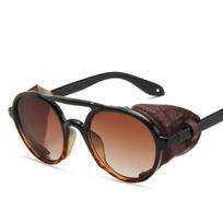 Unisex Retro Steampunk Sunglasses Men's Design Design Vintage Round Leather Eyeglasses Steam Punk Outdoor Goggles UV400 As the picture gray