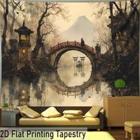 2D Ethereal Japanese Tapestry Watercolor Fuji Mountain and Lake Scene Wall Decor 47.2x31.5inch/120*80cm beige
