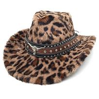 Windproof Faux Fur Cowboy Hat Leopard Print Plush Western Hat  Cosplay Party šviesios kavos spalvos
