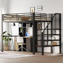Aukšta lova 140 x 200 Stabilus metalinis rėmas su erdvia saugojimo vieta po lova ir laiptais Idealiai tinka vaikams ir suaugusiems 251.5 x 145 x 169 cm juoda