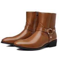 Mid-Calf Cowboy Boots Men Fashion Side Zip Pointed Toe High Heels Genuine Leather Work Boots Man Footwear High Top Riding Shoes 38 brown