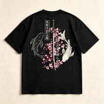 Japanese Koi Fish Samurai Sword Cherry Blossom Back Print T Shirt Casual Streetwear Short Sleeve Tee 4XL gray