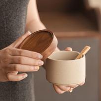 Japanese Ceramic Spice Jar Set: Kitchen Seasoning Box for MSG, Salt, and Chili. Single Jar (with Lid and Spoon) brown