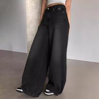 Women's Mid Rise Wide Leg Floor Length Jeans Vintage Washed Ripped Straight Denim Casual Long Trousers XS juoda