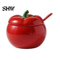 Exquisite Gift for Kitchen Lovers Tomato Ceramic Spice Jar with Lid & Spoon, 420ml Mini Salt Sugar Airtight Pepper Storage Pot, Cute Chili Oil raudona