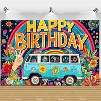 Colorful Peace Love Retro Hippie Bus Dyed Backdrop Kids Birthday Party Decorations Bohemian Style Guitar Floral Photography Prop 47.2x31.5inch/120*80cm yellow