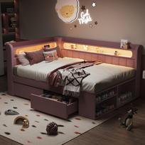Apmuštas sofos-lovos 90x200cm su USB jungtimi ir LED juosta, komplekte batų spintelė ir du stalčiai, rožinė 212.5 x 104 x 91.5 cm rožinė