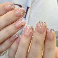 24Pcs Short Square French Tip Press On Nails Floral Printed Nude Stick On False Nails For Women beige