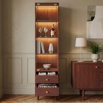 Vitrina su LED apšvietimu, Knygų spinta su stiklinėmis durelėmis ir 2 stalčiais, Medinė kolekcijų spinta, Retro stiliaus su auksinėmis rankenėlėmis-A165/P40/G35 cm 40 x 35 x 165 cm ruda