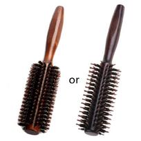 Straight Twill Boar Bristle Hair Round Brush Wood Handle Rolling Styling Comb black