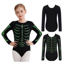 Boys Girls Skeleton Bodysuit Shiny Rhinestones Long Sleeve Round Neck Press Button Crotch for Cosplay Halloween Ball Party 5-6 Years žalia