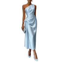 Women's One Shoulder Satin Prom Dress Summer Sleeveless Party Cocktail Midi Dress Ruched Bodycon Evening Wedding Guest Dress L raudona