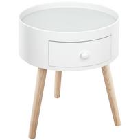 Modern Side Table, Small Coffee Table, Round Bedside Table with Drawer and Wood Legs for Living Room, Bedroom, White 38 x 38 x 45 cm