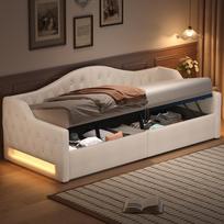 Upholstered 90x200 Daybed with LED Strip and Storage Underneath, Beige 213.5 x 98 x 69 cm smėlis