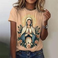 Marškinėliai moterims su Mergelės Marijos raštu, Šventasis Krikščionybė, 3D spauda, Vasaros mada, Gatvės marškinėliai, Trumpomis rankovėmis, Apvalia iškirpte, Viršūnėlės M brown