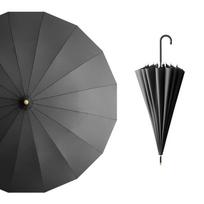 Ilgas skėtis su 16 šonkaulių, lenkta rankena, vienspalvis, automatinis ilgas kotas, korėjietiško stiliaus, paprasto ir gaivaus dizaino, paprastas skėtis Dark Night Black—Leather Curved Handle juoda