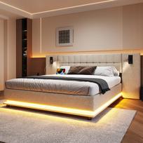 Apmušta lova, 180*200cm, su LED juosta, galvūgalis su prožektoriumi, su USB, be čiužinio, linas, smėlio spalvos 203.5 x 250 x 103 cm smėlis