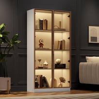 Stiklinė vitrina su LED apšvietimu, dvivėris spintelė su reguliuojamomis lentynomis, 80*40*160cm, aukšta spintelė svetainei, pastatoma vitrina 80 x 40 x 160 cm balta