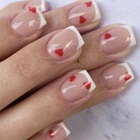 24 Pcs Valentines Day Press On Nail White French Tip False Nail Heart Acrylic Nail Short Square Stick on Nail 1 gray