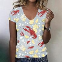 Women Casual V Neck Short Sleeve Top Lobster Print Lightweight Soft Fabric Summer Shirt for Daily Wear M raudona
