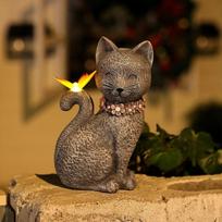 Cat Lovers Statue with Butterfly Lights Outdoor Decorations Figurine for Balcony pilka spalva