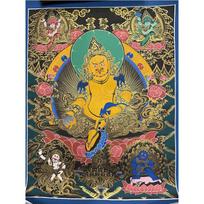 Nepalese Hand-painted Thangka: Medicine Buddha, Green Tara, Black Dzambala, and Manjushri Statue in Black and Gold 70 x 50 cm beige
