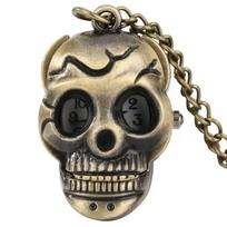 Retro Bronze Steampunk Skull Quartz Pocket Watch Necklace Pendant Clock Chain Men And Women Chain Halloween Gift bronza