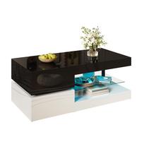 Modern coffee table with LED ambient lighting, APP and Bluetooth control, glass shelf & high-gloss surface, black-white design, 90x45x35,5 cm 90 x 45 x 35.5 cm