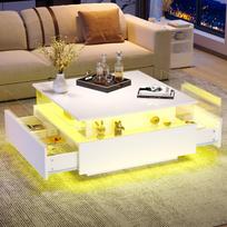 Modernus blizgus LED kavos staliukas 70*70*41cm su 2 stalčiais ir skaidria ekspozicine zona – Keliamoji galia iki 30 kg, idealus svetainėms balta