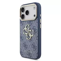 GUESS PU Leather 4G Metal Logo Gold Frame Case for iPhone 18 Pro Blue