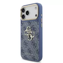 GUESS PU Leather 4G Metal Logo Gold Frame Case for iPhone 18 Pro Max Blue