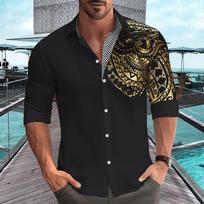 Men's Black Asymmetrical Tribal Print Shirt - Contrast Collar Button-Up Casual Top with Rolled Sleeves M juoda