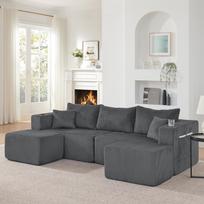 3 vietų kampinė sofa, L formos, su kilnojamais pufais, veliūrinė, su puodelio laikikliu, šonine kišene ir pagalvėmis, svetainei, viešbučiams ir apartamentams, pilka pilka