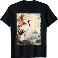 Japanese Crane and Mount Fuji Ukiyo-e Graphic Tee Vintage Nature Print Soft Short Sleeve T-Shirt L beige