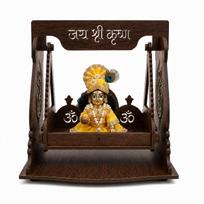 Medinis Laddu Gopal sūpynės Bal Gopal mažam dydžiui 16 x 14 cm | MDF medžio Krišnos sūpynės 21 x 21 cm