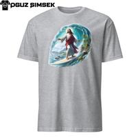 Surfing Jesus Graphic Tee Unisex Short Sleeve Beach Christian T-Shirt Mens Womens Tees Top S-3XL S gray