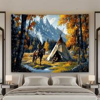 Majestic Wild West Tapestry Outdoor Camping Scene Pioneer Forest Art Rustic Western Wall Decor Hanging 100X70CM brown