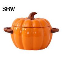Autumn Theme Serving Dish Dutch Oven Pot with Lid, Pumpkin Pottery Dessert Saucepan, Double-Ear Mini Rustic Style Soup Tureen Baking Dish, Cute S orange