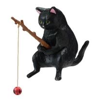 Žvejojančios katės figūrėlė dervos animacinio kačiuko statulėlė gyvūno skulptūra namų biuro stalviršio akvariumo žuvų bako dekoracija ornamentas G black