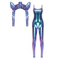 Womens Metallic Shiny Outfit Back Zip Bodycon Sling Jumpsuit Long Sleeve Open Front Crop Top Futuristic Costume S auksas
